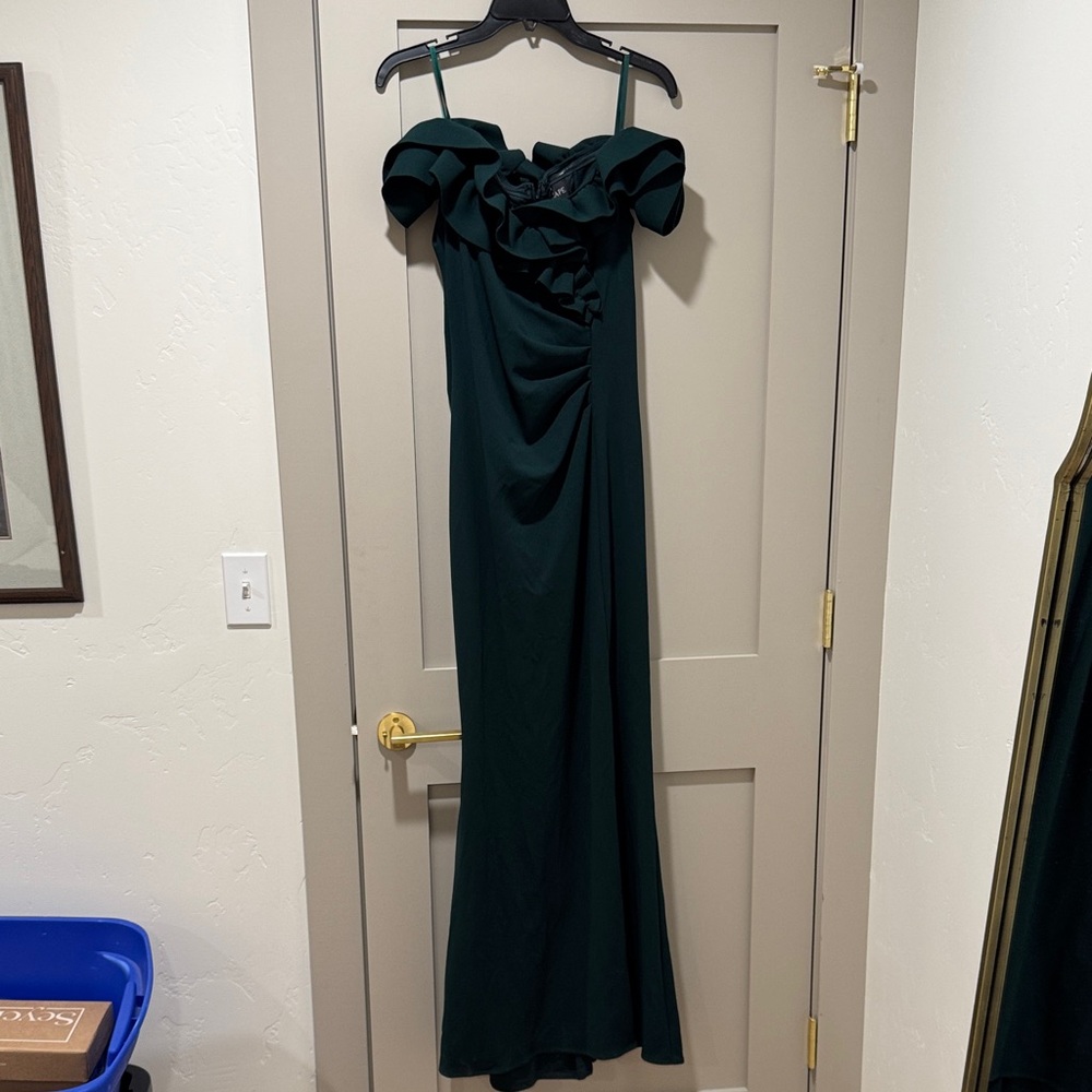 Xscape Dark Green Ruffled Maxi Dress